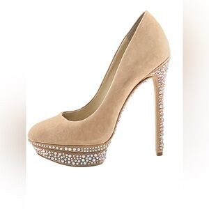 Brian Atwood Beige Suede Francoise Crystal Embellished Platform Pumps